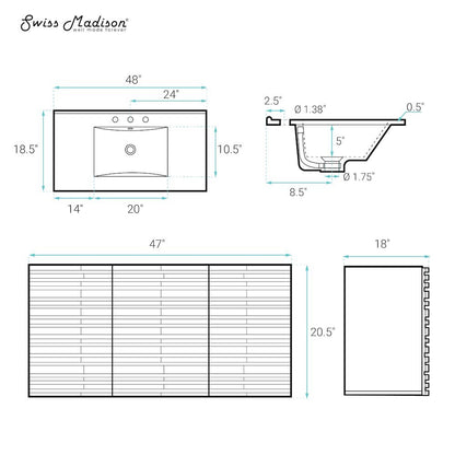 48" Wall-Mounted Bathroom Vanity in Black Oak with 3-Hole Widespread Sink Top