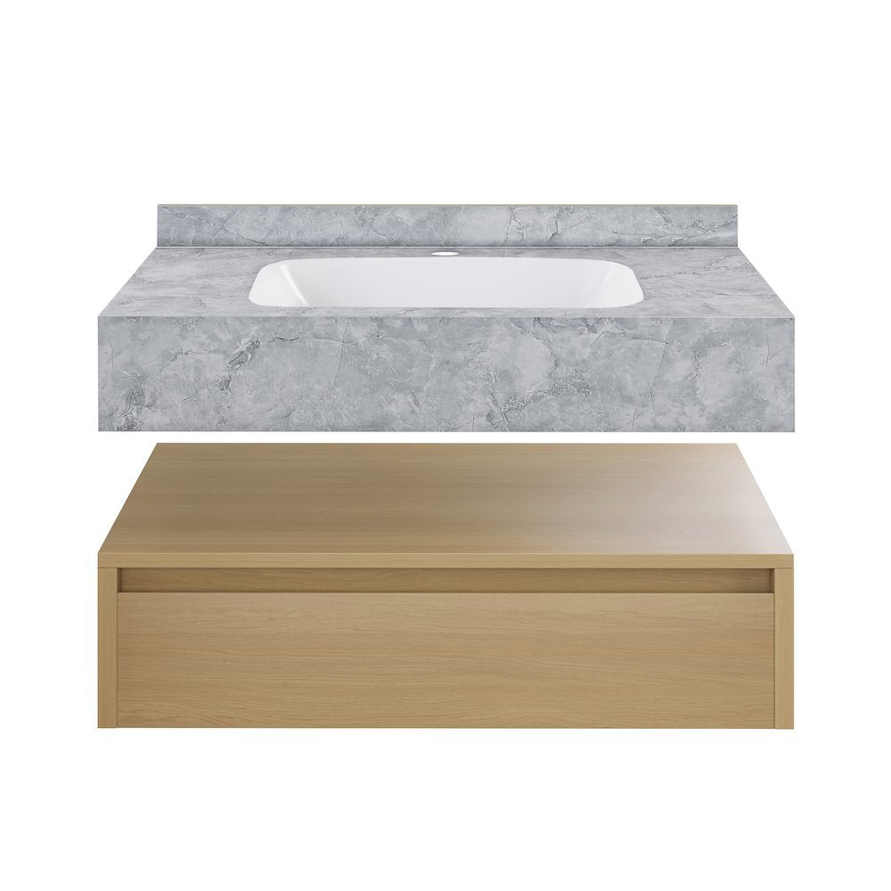 Avancer 36" Wall-Mounted Bathroom Vanity in Natural Oak with Storm Gray Sink Top