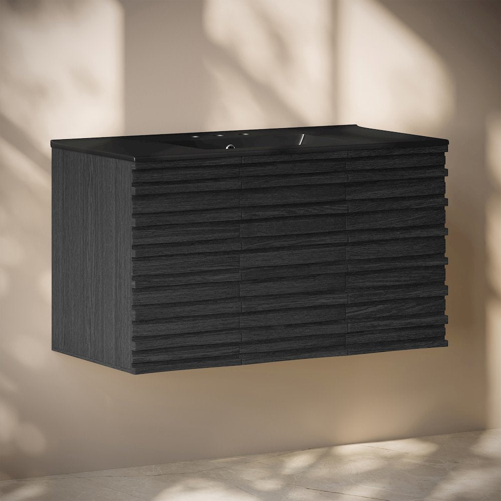 36" Wall-Mounted Bathroom Vanity in Black Oak, Black 3-Hole Widespread Sink Top