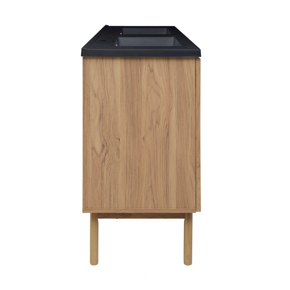 60" Freestanding Bathroom Vanity in Golden Oak with Black Double Basin Sink Top