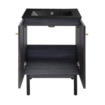 24" Freestanding Bathroom Vanity in Black Oak, Black 3-Hole Centerset Sink Top