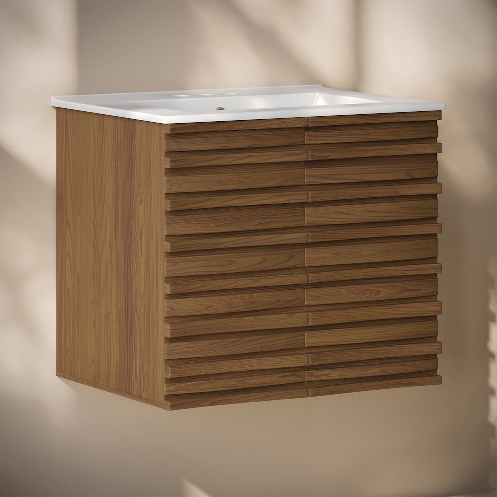 24" Wall-Mounted Bathroom Vanity in Brown Oak with 3-Hole Centerset Sink Top