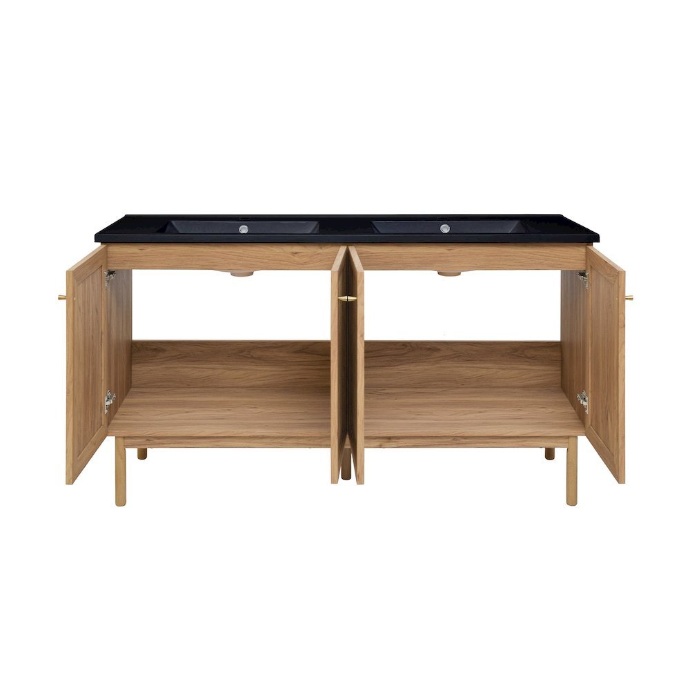 60" Freestanding Bathroom Vanity in Golden Oak with Black Double Basin Sink Top