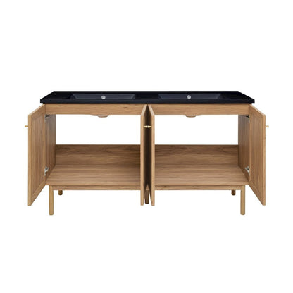 60" Freestanding Bathroom Vanity in Golden Oak with Black Double Basin Sink Top