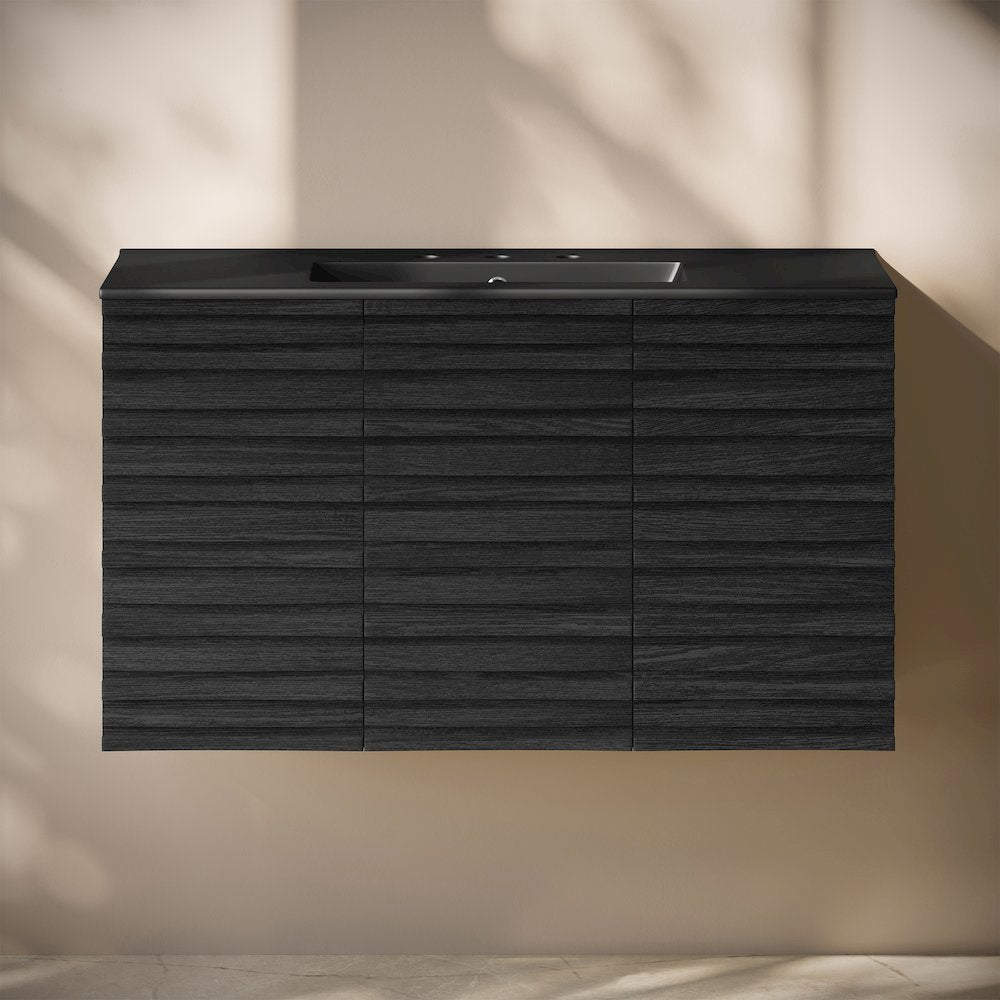 36" Wall-Mounted Bathroom Vanity in Black Oak, Black 3-Hole Widespread Sink Top