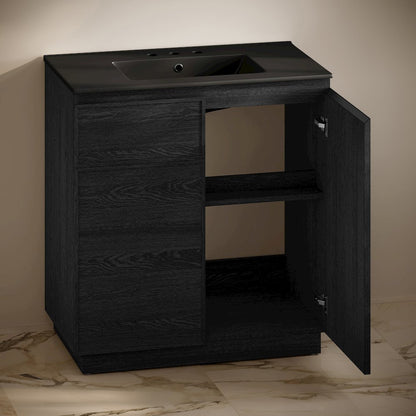 36" Freestanding Bathroom Vanity in Black Oak, Black 3-Hole Widespread Sink Top