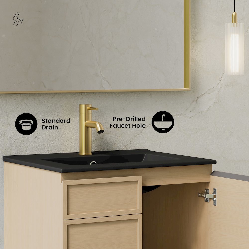 St. Tropez 24" Wall-Mounted Bathroom Vanity in Natural Oak with Black Sink Top