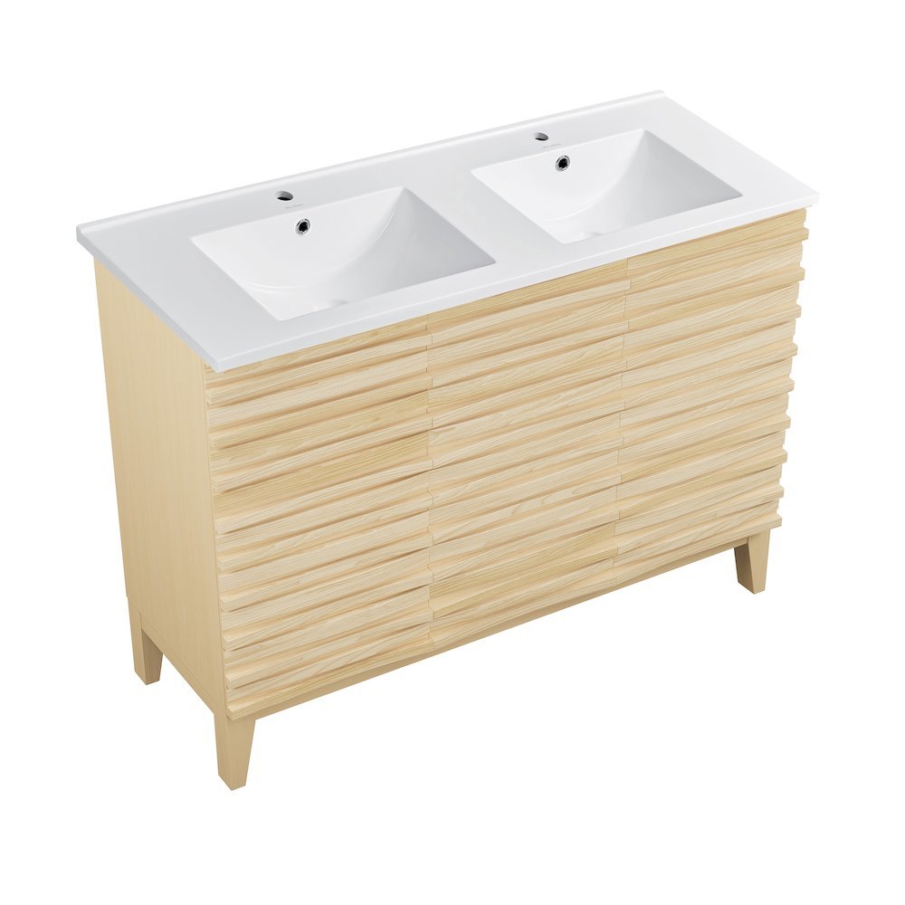 48 in. Natural Oak, Double Basin Bathroom Vanity With White Ceramic Sink Top