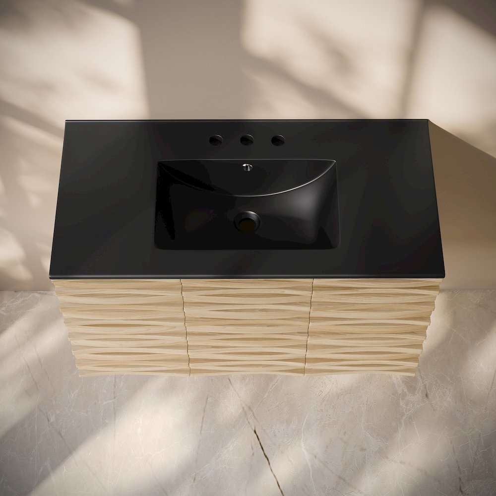 36" Wall-Mounted Bathroom Vanity, Natural Oak, Black 3-Hole Widespread Sink Top