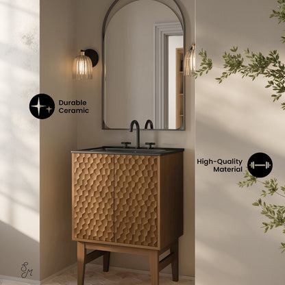 24" Freestanding Bathroom Vanity in Brown Oak, Black 3-Hole Centerset Sink Top