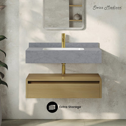 36" Wall-Mounted Bathroom Vanity in Natural Oak with Charcoal Gray Sink Top