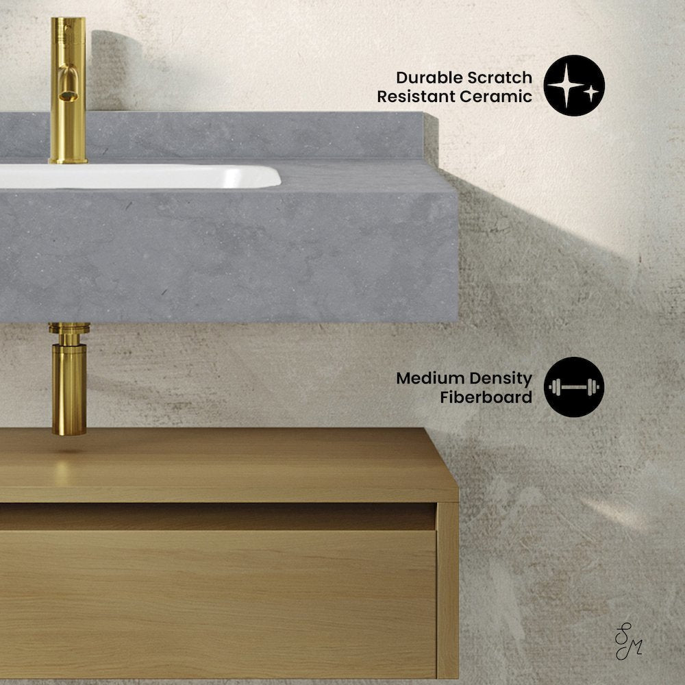 36" Wall-Mounted Bathroom Vanity in Natural Oak with Charcoal Gray Sink Top