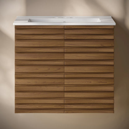 24" Wall-Mounted Bathroom Vanity in Brown Oak with 3-Hole Centerset Sink Top