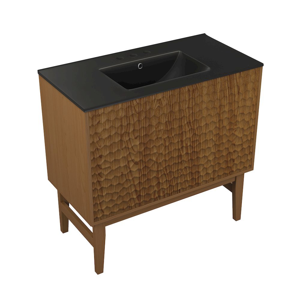 36" Freestanding Bathroom Vanity in Brown Oak, Black 3-Hole Widespread Sink Top