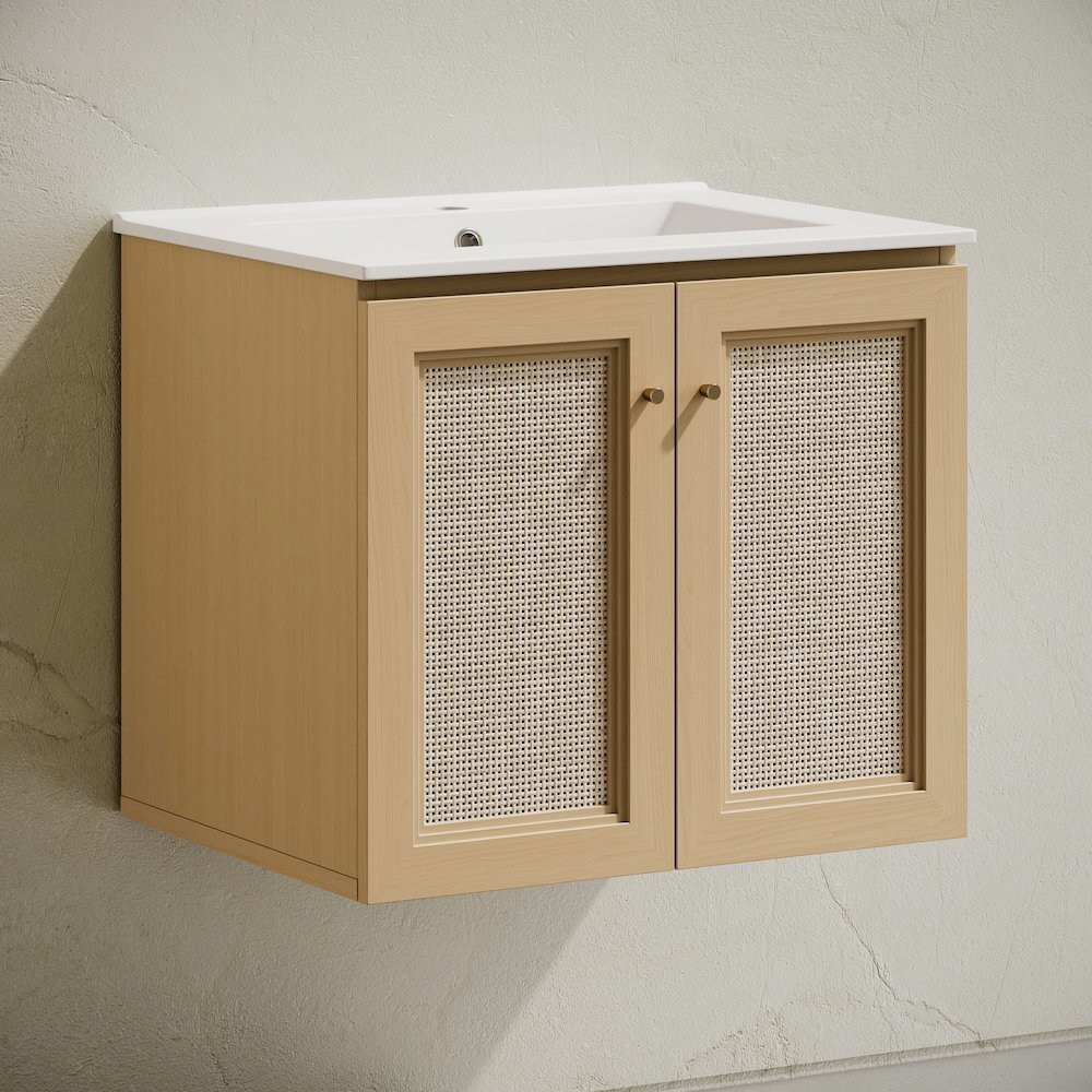 24" Wall-Mounted Bathroom Vanity in Natural Oak, Single Faucet Hole Vanity Top