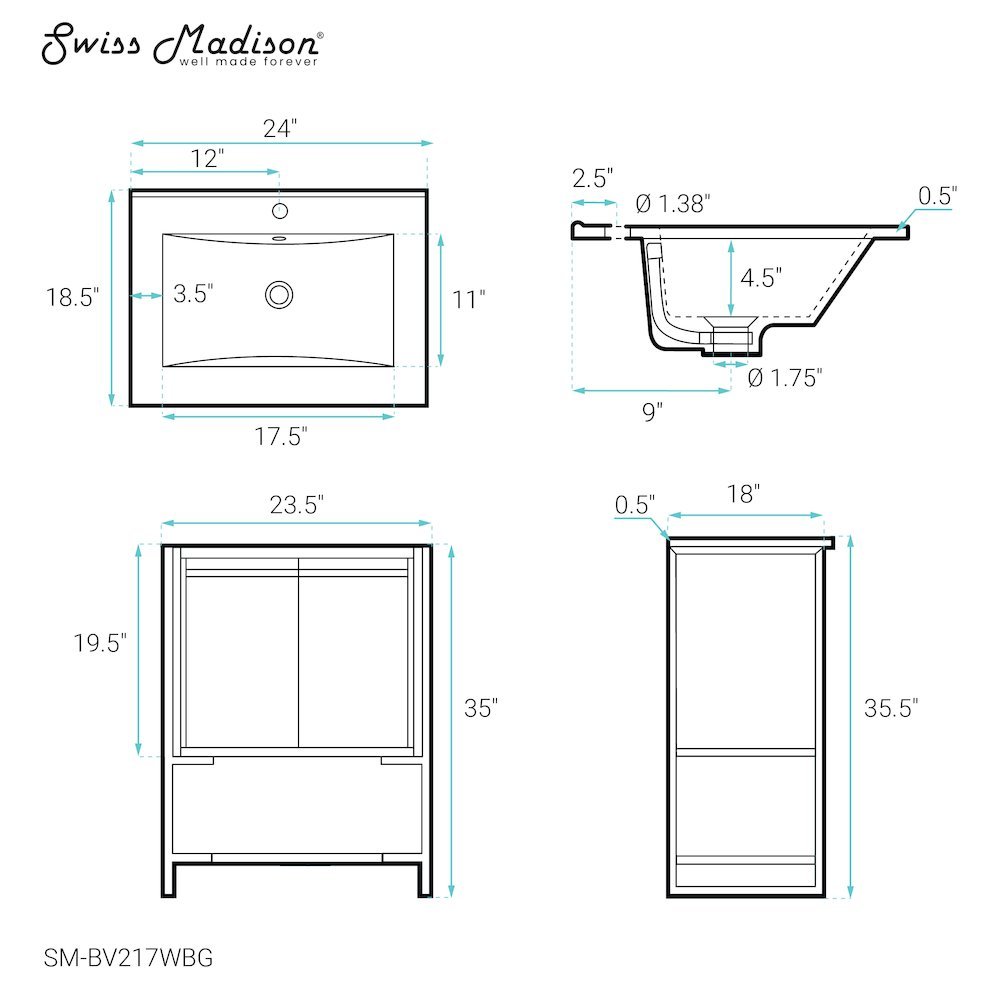 Marseille 24" Bathroom Vanity in White and Brushed Gold