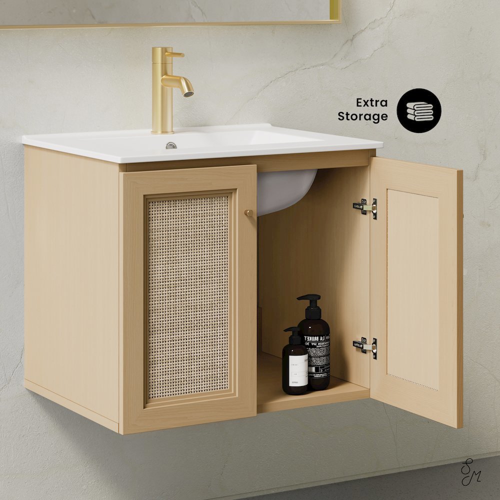 24" Wall-Mounted Bathroom Vanity in Natural Oak, Single Faucet Hole Vanity Top
