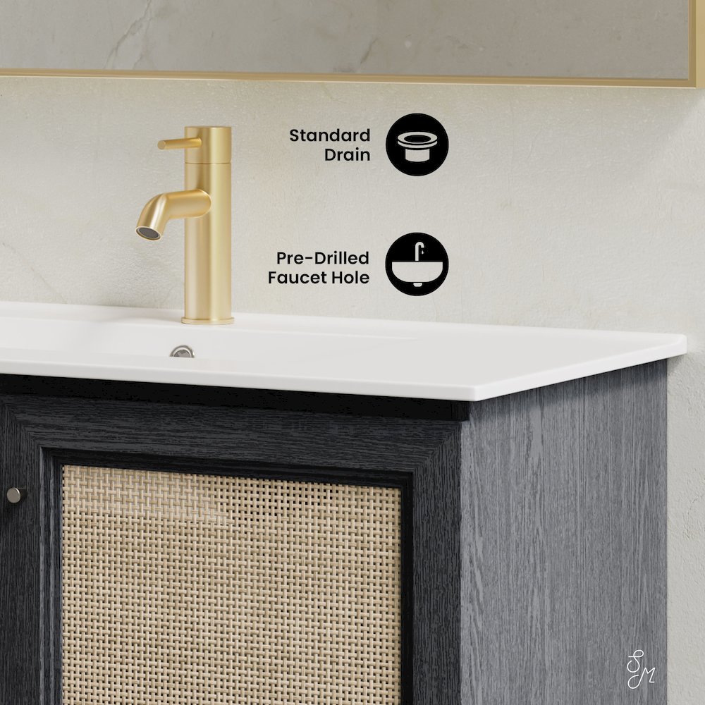36" Wall-Mounted Bathroom Vanity in Black Oak with Single Faucet Hole Vanity Top