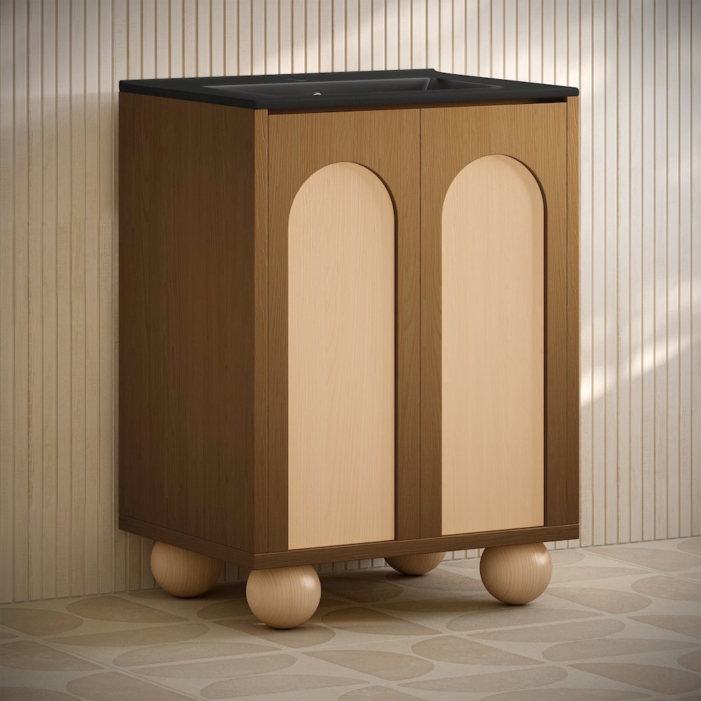 Plaisir II 24" Freestanding Bathroom Vanity in Brown Oak with Black Sink Top