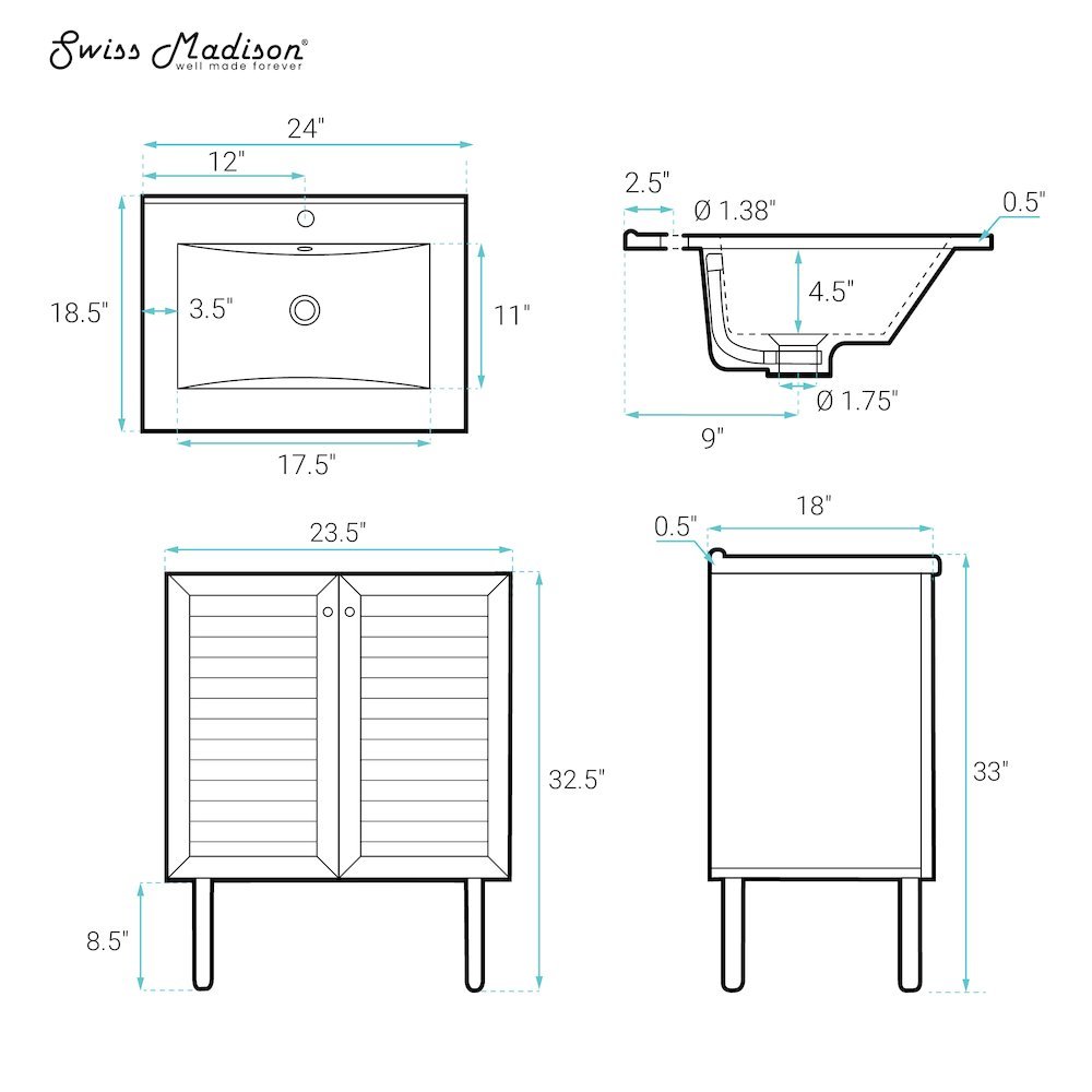 Bron 24" Freestanding Bathroom Vanity in White Oak with Sink Top