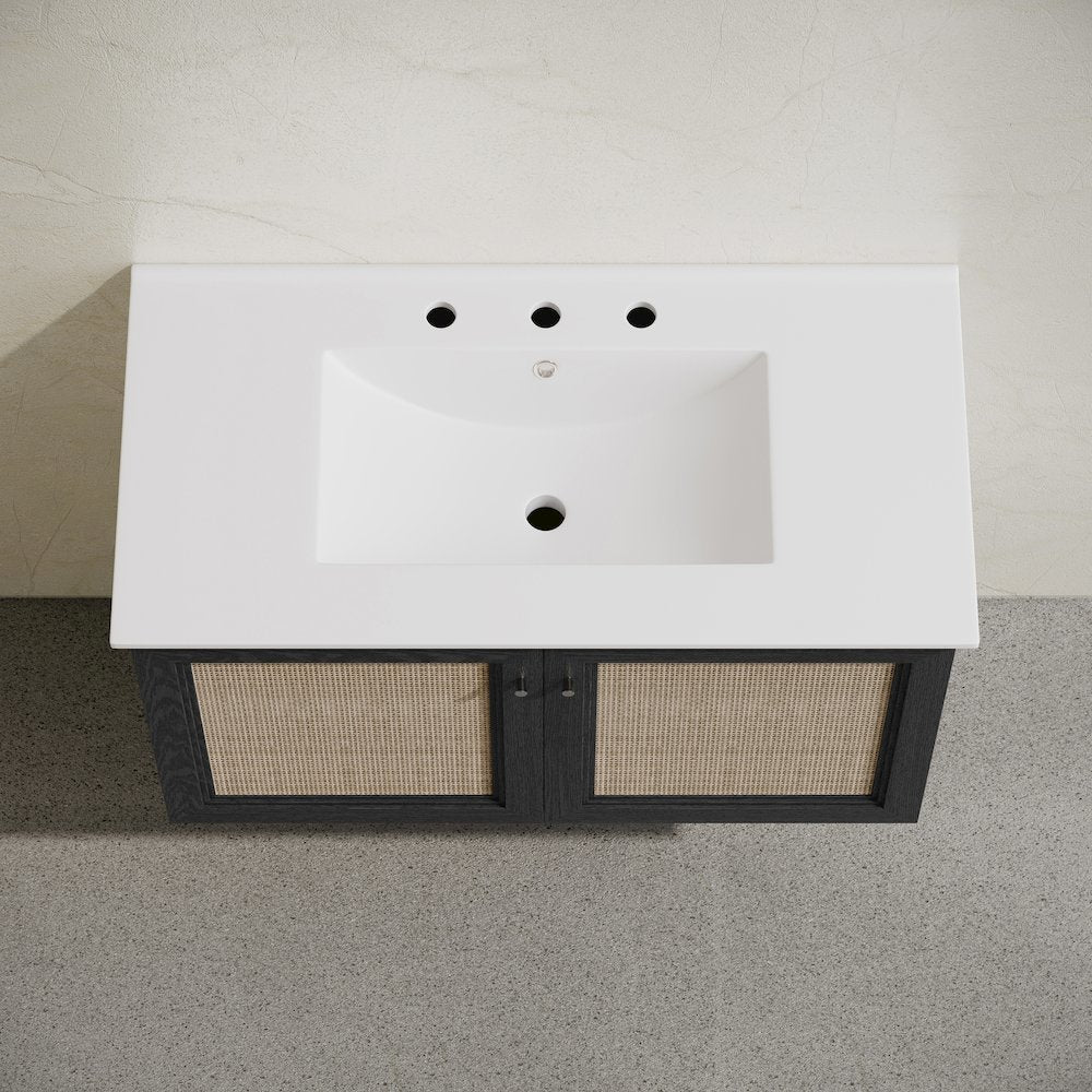 36" Wall-Mounted Bathroom Vanity, Black Oak, Widespread Faucet Holes Vanity Top