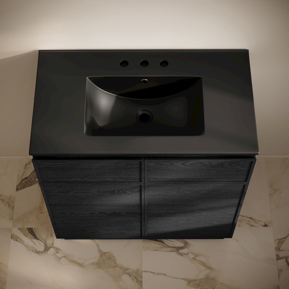 36" Freestanding Bathroom Vanity in Black Oak, Black 3-Hole Widespread Sink Top