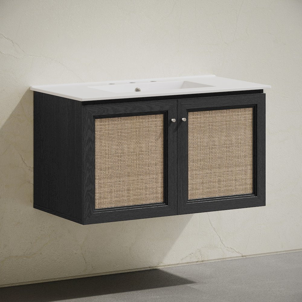 36" Wall-Mounted Bathroom Vanity, Black Oak, Widespread Faucet Holes Vanity Top
