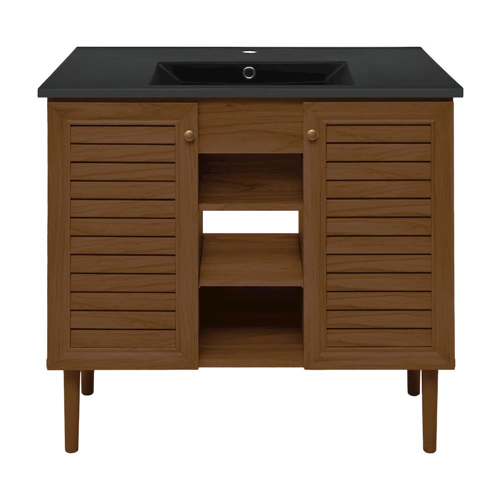 Bron 36" Freestanding Bathroom Vanity in Brown Oak with Black Sink Top