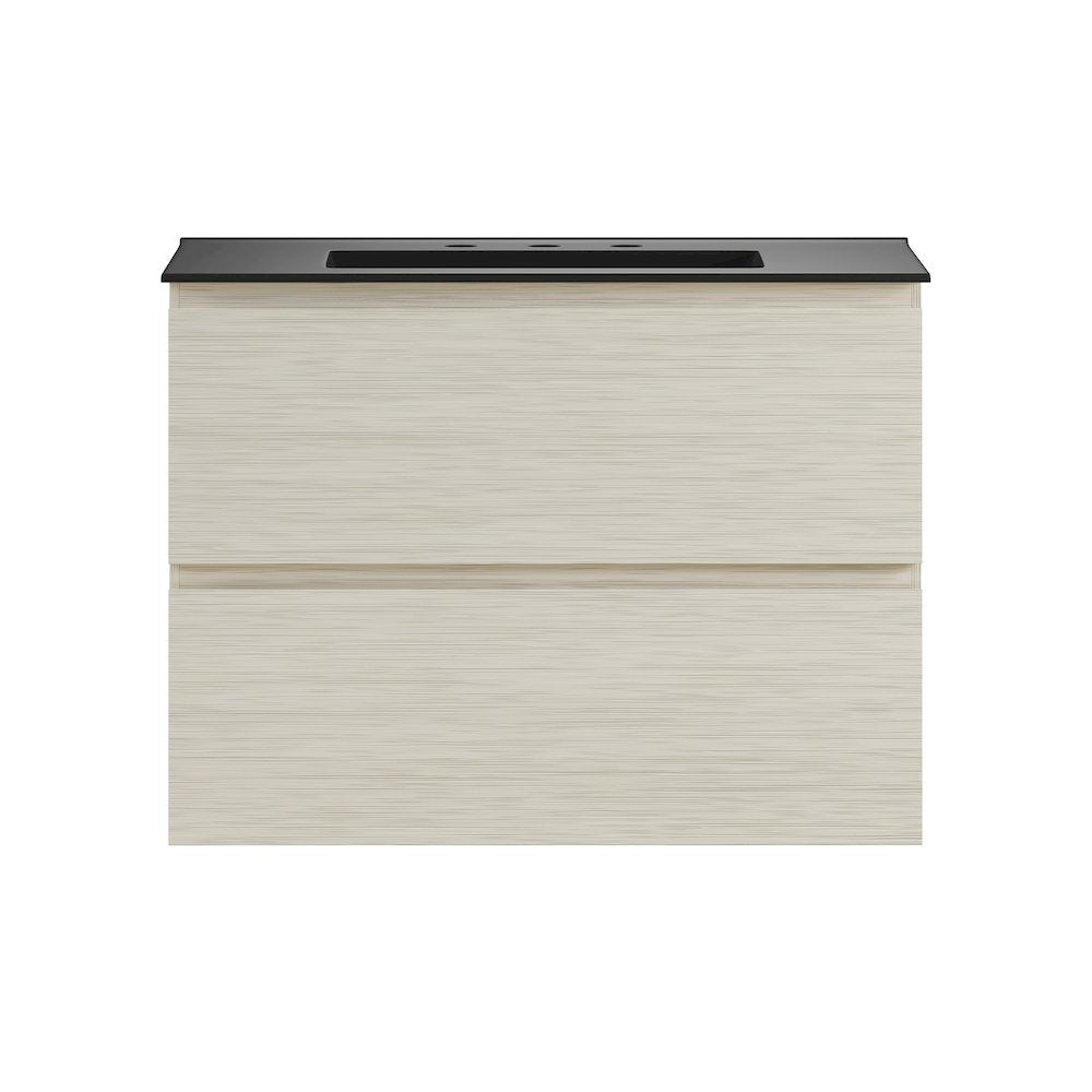 30" Wall-Mounted Bathroom Vanity in White Oak, Black 3-Hole Widespread Sink Top