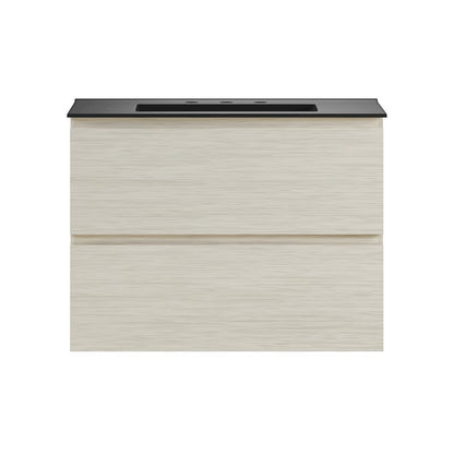 30" Wall-Mounted Bathroom Vanity in White Oak, Black 3-Hole Widespread Sink Top