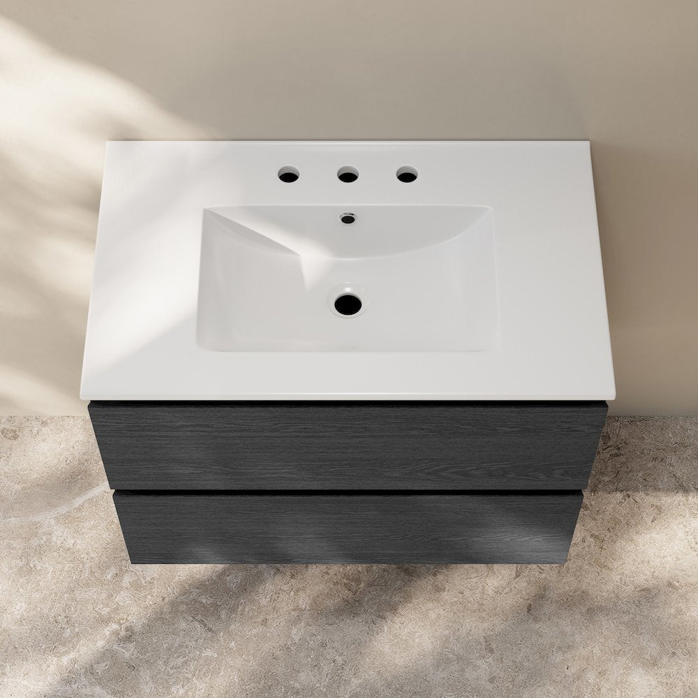 30" Wall-Mounted Bathroom Vanity in Black Oak with 3-Hole Widespread Sink Top