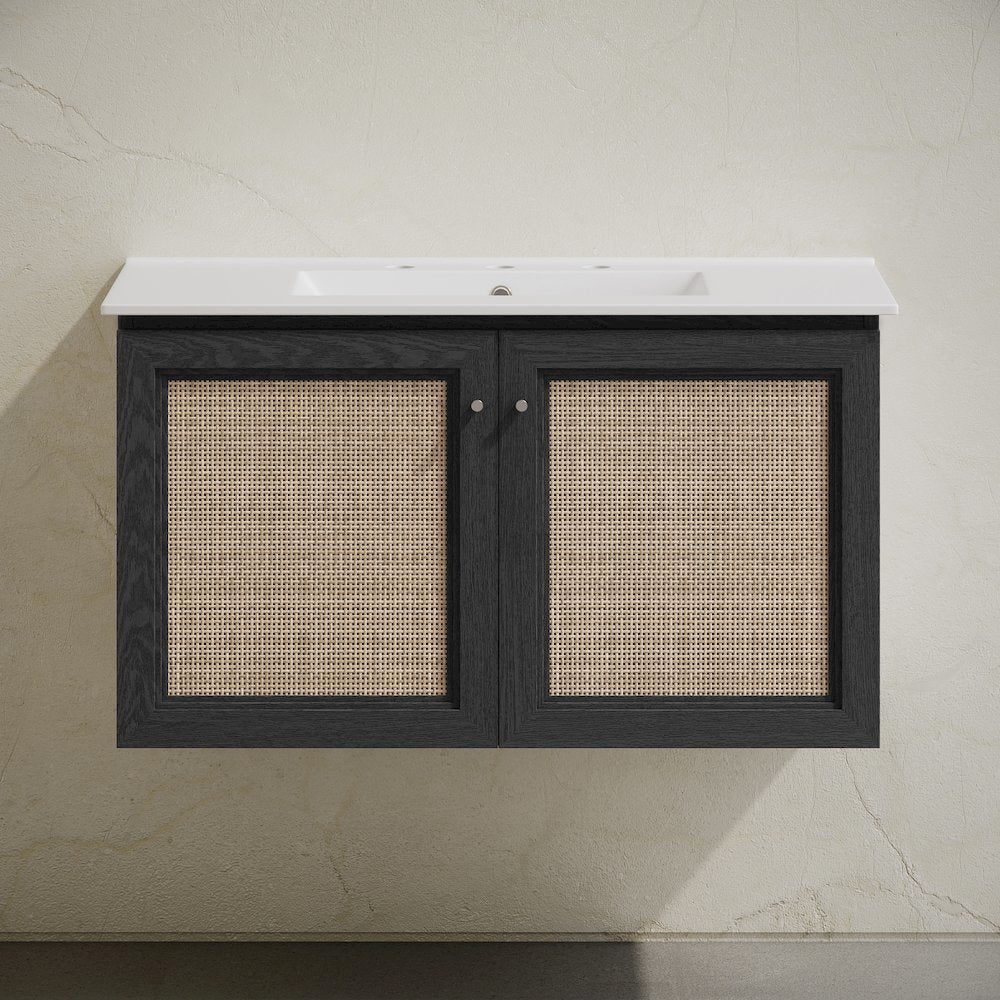 36" Wall-Mounted Bathroom Vanity, Black Oak, Widespread Faucet Holes Vanity Top