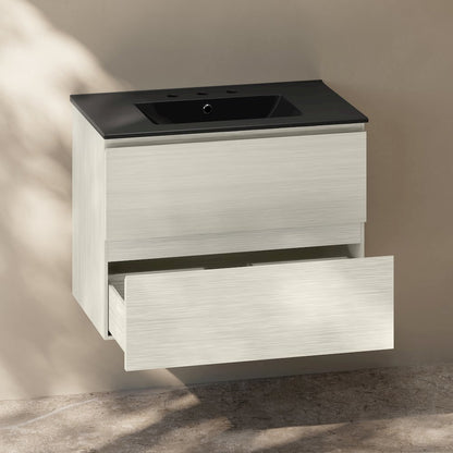 30" Wall-Mounted Bathroom Vanity in White Oak, Black 3-Hole Widespread Sink Top