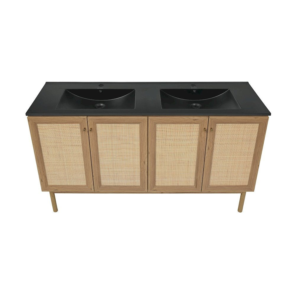 60" Freestanding Bathroom Vanity in Golden Oak with Black Double Basin Sink Top