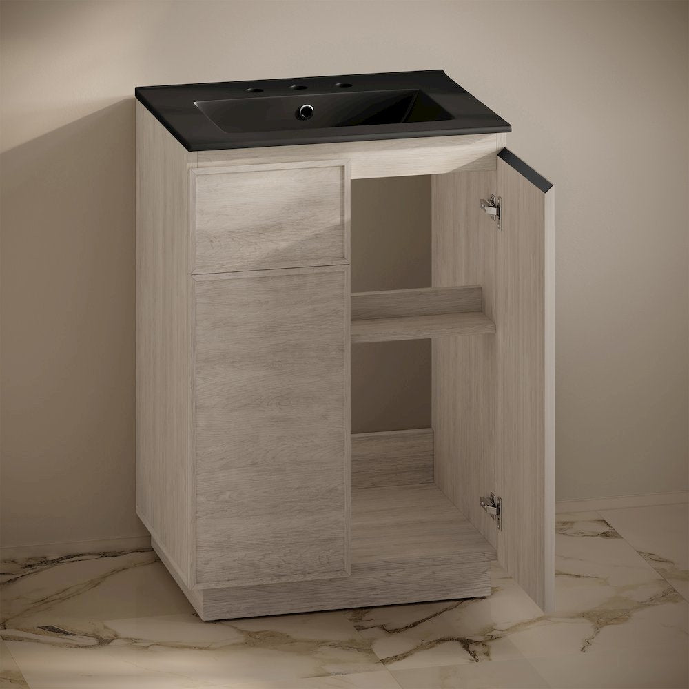 24" Freestanding Bathroom Vanity in White Oak, Black 3-Hole Widespread Sink Top
