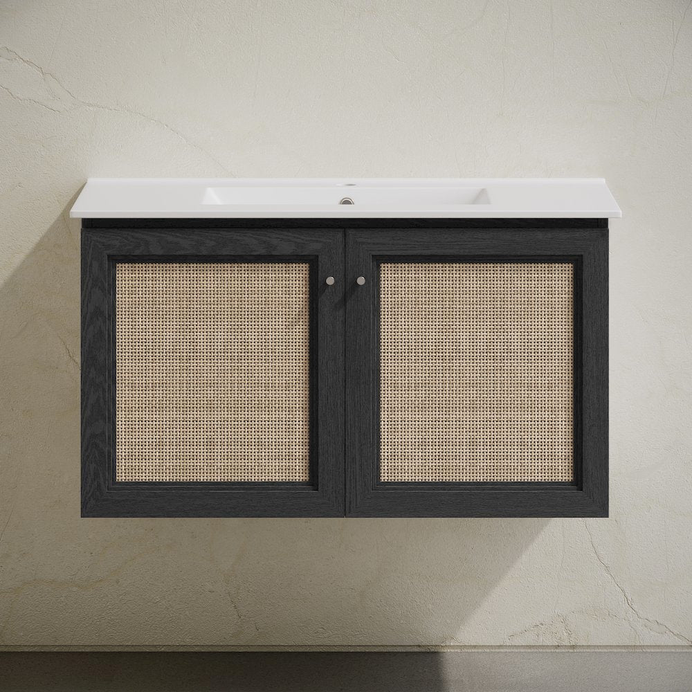 36" Wall-Mounted Bathroom Vanity in Black Oak with Single Faucet Hole Vanity Top