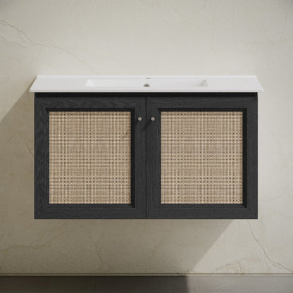 36" Wall-Mounted Bathroom Vanity in Black Oak with Single Faucet Hole Vanity Top