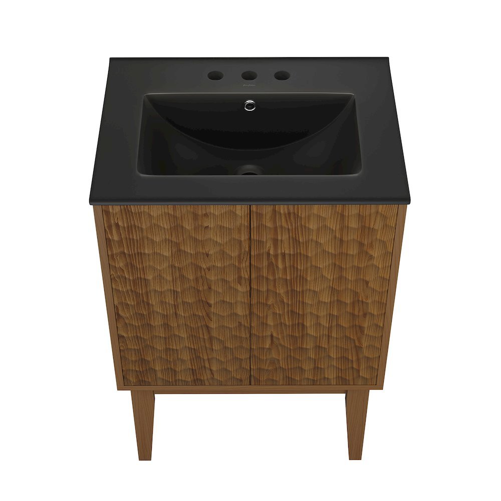 24" Freestanding Bathroom Vanity in Brown Oak, Black 3-Hole Centerset Sink Top