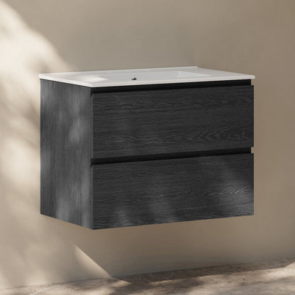 30" Wall-Mounted Bathroom Vanity in Black Oak with 3-Hole Widespread Sink Top
