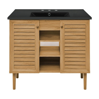 36" Freestanding Bathroom Vanity in Golden Oak, Black 3-Hole Widespread Sink Top