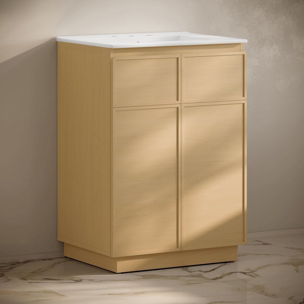 24" Freestanding Bathroom Vanity in Natural Oak with 3-Hole Widespread Sink Top