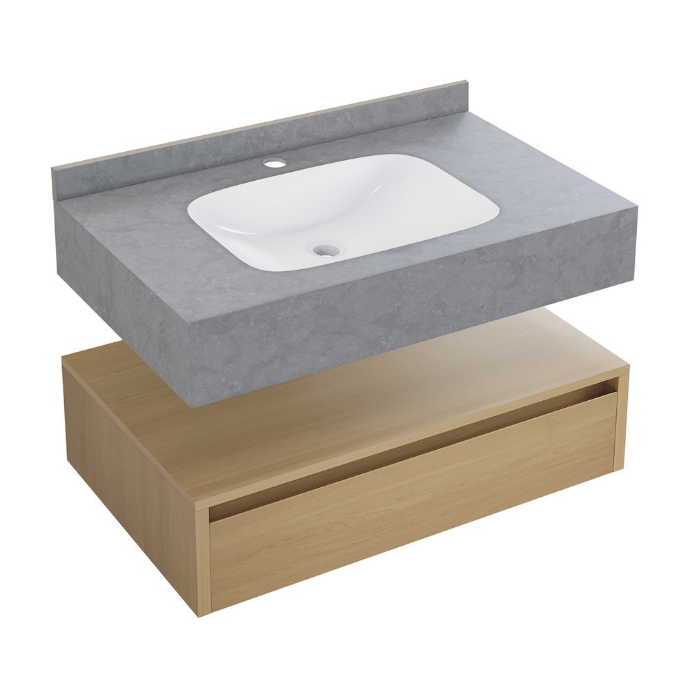 36" Wall-Mounted Bathroom Vanity in Natural Oak with Charcoal Gray Sink Top