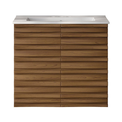 24" Wall-Mounted Bathroom Vanity in Brown Oak with 3-Hole Centerset Sink Top