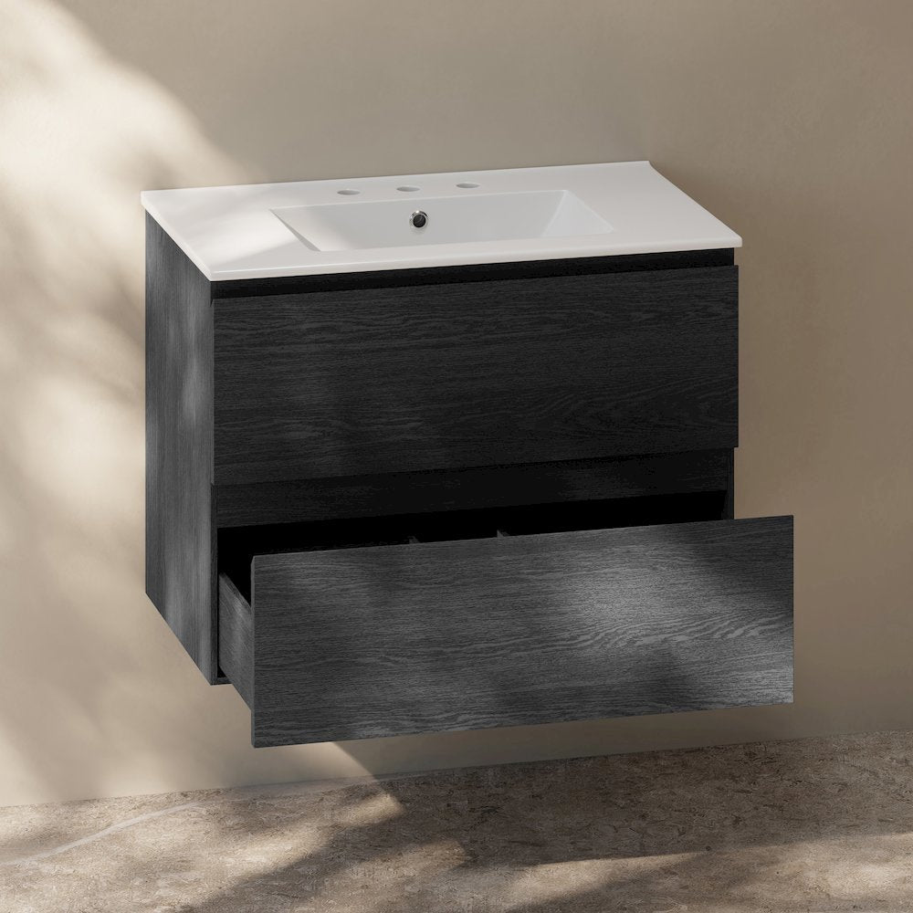 30" Wall-Mounted Bathroom Vanity in Black Oak with 3-Hole Widespread Sink Top