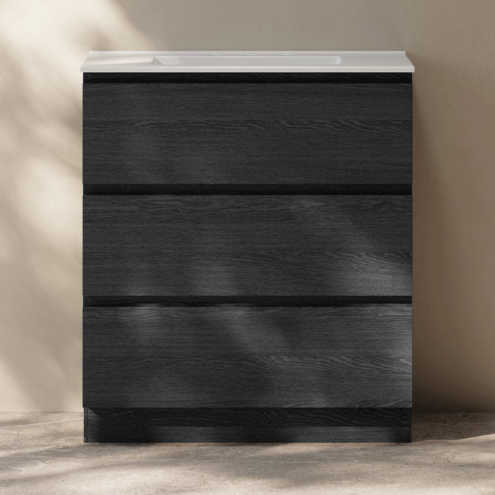30" Freestanding Bathroom Vanity in Black Oak with 3-Hole Widespread Sink Top