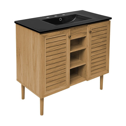 36" Freestanding Bathroom Vanity in Golden Oak, Black 3-Hole Widespread Sink Top