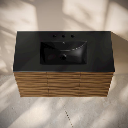 36" Wall-Mounted Bathroom Vanity in Brown Oak, Black 3-Hole Widespread Sink Top
