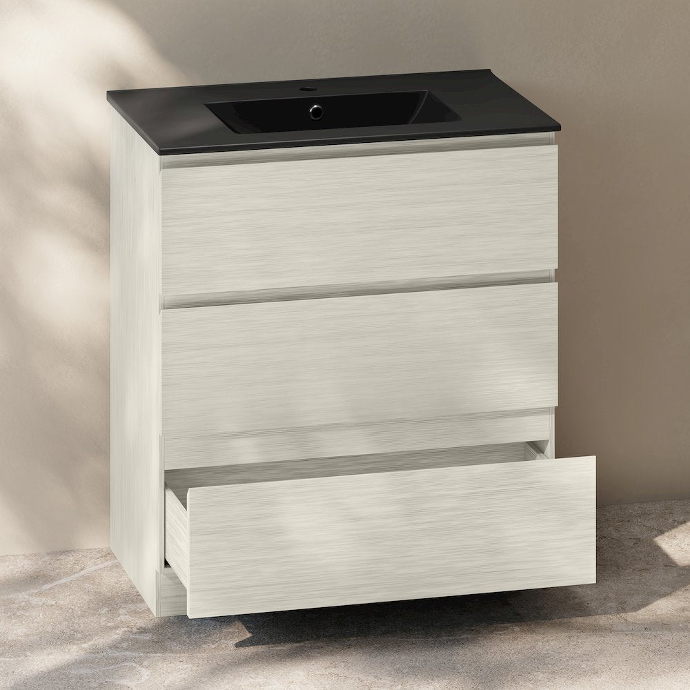 Liberte 30" Freestanding Bathroom Vanity in White Oak with Black Sink Top