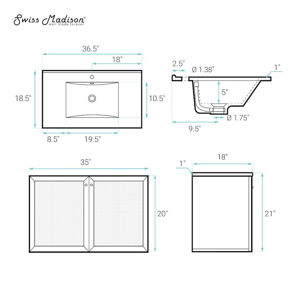 36" Wall-Mounted Bathroom Vanity in Black Oak with Single Faucet Hole Vanity Top