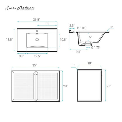 36" Wall-Mounted Bathroom Vanity in Black Oak with Single Faucet Hole Vanity Top